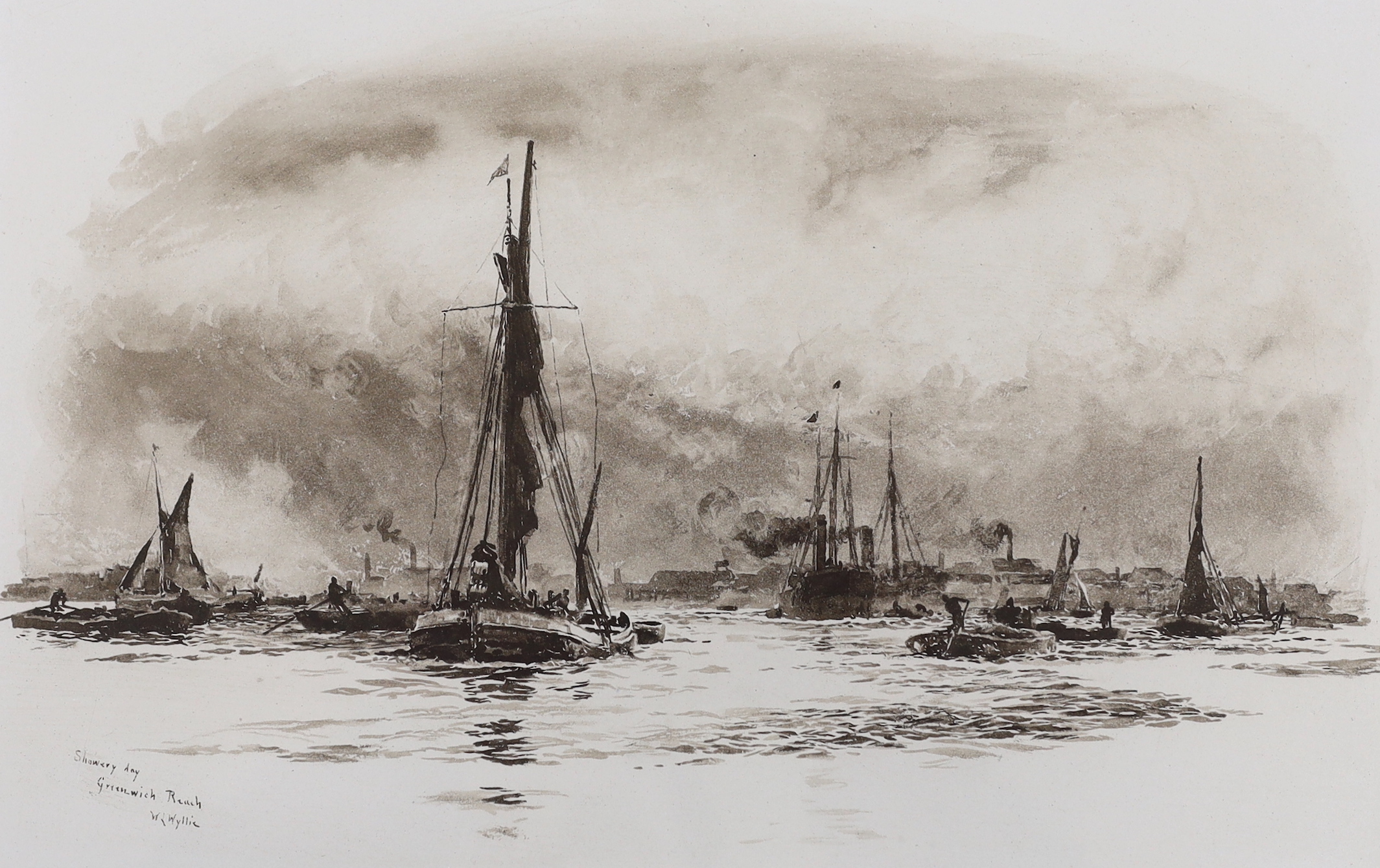 After William Lionel Wyllie, R.A. (1851-1931), Gravure print, ‘Showery Day, Greenwich Reach’, inscribed gallery label verso, 21 x 32cm